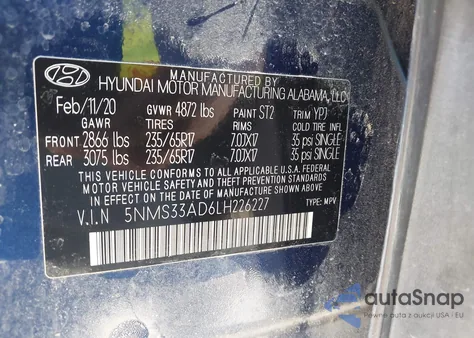 2020 Hyundai Santa Fe Sel z USA, uszkodzony, nr VIN 5NMS33AD6LH226227